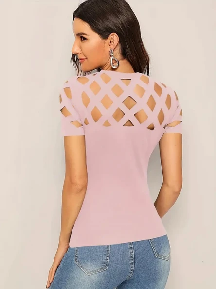 Kadın Kısa Kollu Baklava Desen Lazer Kesim Ithal Krep Bluz - Resim 3