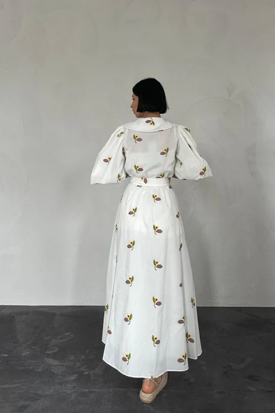 Kahverengi Yakası Çiçek Motifli Kemerli Elbise - Resim 3