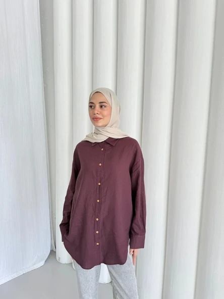 merwish Düğme Keten Gömlek-Bordo 1362 - Resim 3