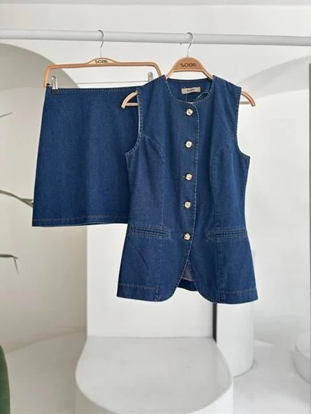 Kolsuz Yelekli Mini Etekli Denim Takım 10164 - Resim 10