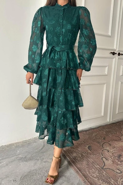 Zümrüt Valonlu Şeritli Kat Kat Elbise - Resim 3