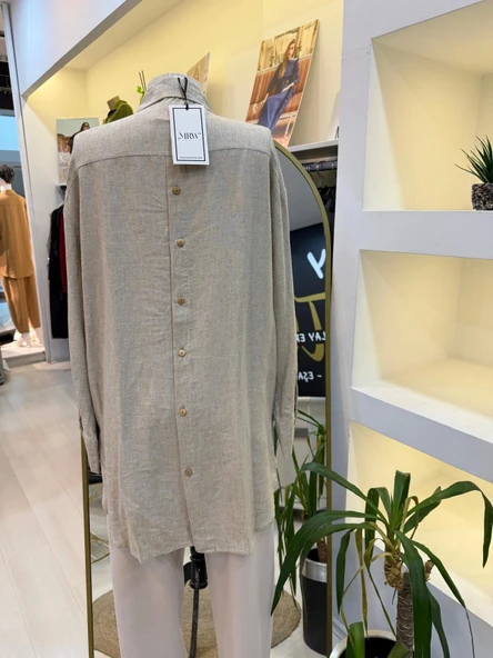 merwish Düğme Keten Gömlek-BEJ 1362 - Resim 2