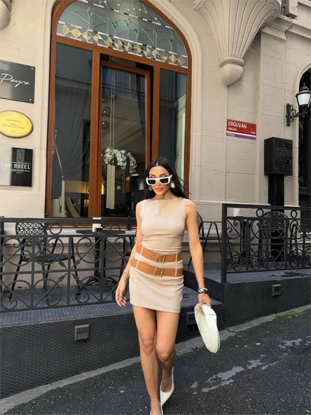 POLYVİSCON ÇİFT KEMER DETAYLI ELBİSE - Bej ürün görseli