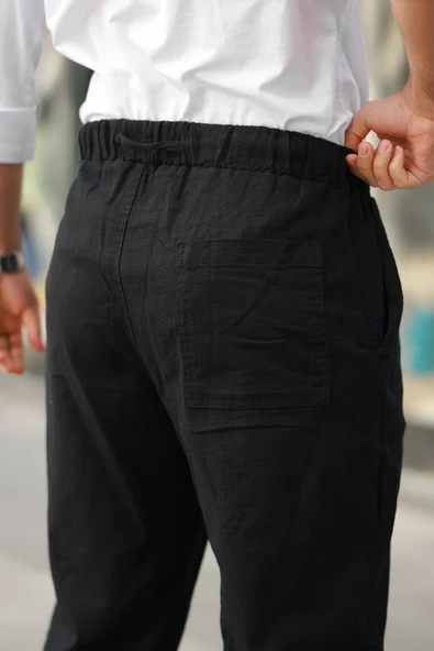 Erkek Beli Lastikli Keten Rahat Pantolon - Resim 3