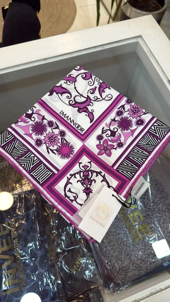 IMANNOOR çiçek desenli ekru fuşya eşarp 231 4016 - Resim 3