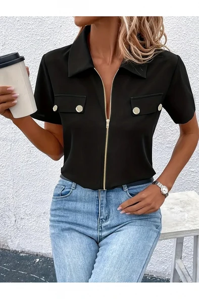 Kadın Kısa Kollu Ceket Yaka önü Fermuarlı Cep Detay Kısa Kol Ithal Krep Bluz - Resim 5
