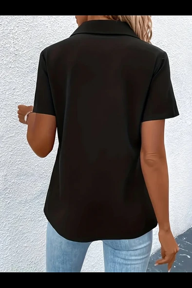 Kadın Kısa Kollu Ceket Yaka önü Fermuarlı Cep Detay Kısa Kol Ithal Krep Bluz - Resim 3