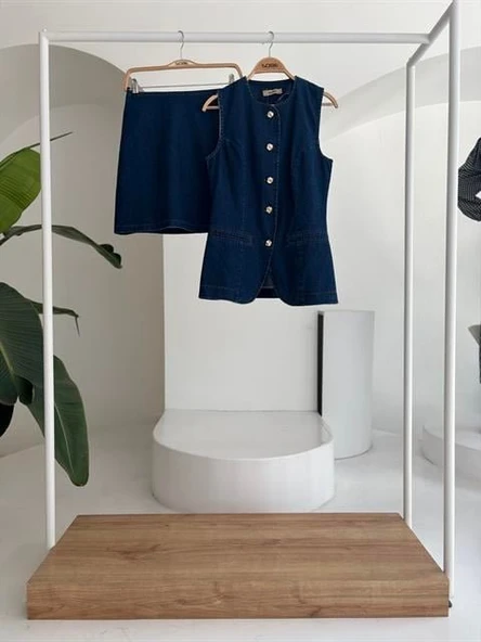 Kolsuz Yelekli Mini Etekli Denim Takım 10164 - Resim 9