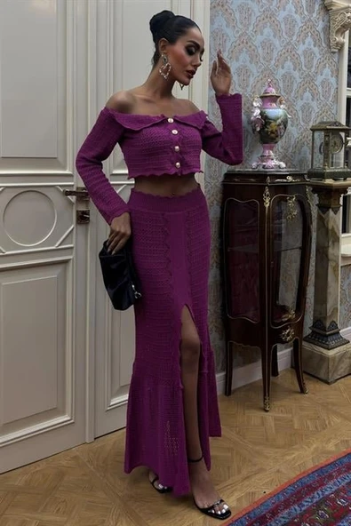 Madonna Yaka Derin Yırtmaç Etekli Şık Triko Takım 10099 ürün görseli