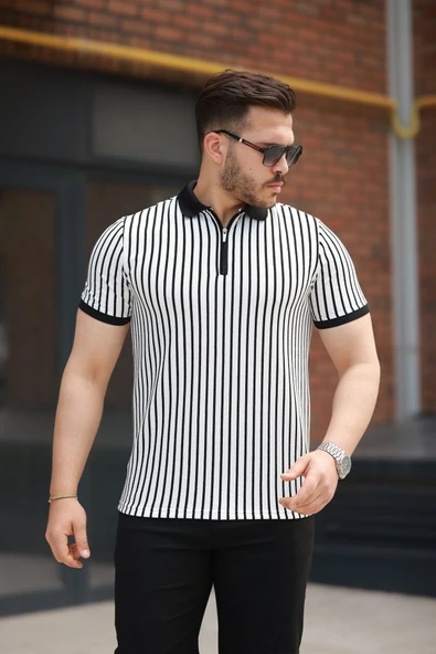 Erkek çizgili Fermuar Yakalı Kısa Kollu Tişört ürün görseli