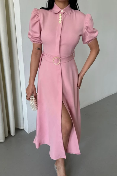 YAKA DÜĞME DETAYLI ELBİSE- Pembe - Resim 4