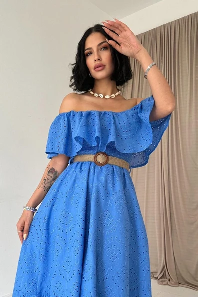 Bebe Mavi Omzu Lastikli Brode Elbise - Resim 2