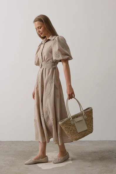 Balon Kol Kemerli Brode Elbise - Taş - Resim 3