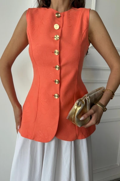 JAKAR KETEN YELEK BELDEN OTURTMALI GOLD DÜĞMELİ - Orange - Resim 3