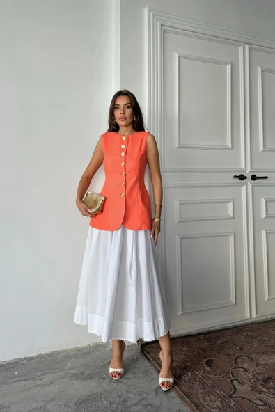 JAKAR KETEN YELEK BELDEN OTURTMALI GOLD DÜĞMELİ - Orange ürün görseli