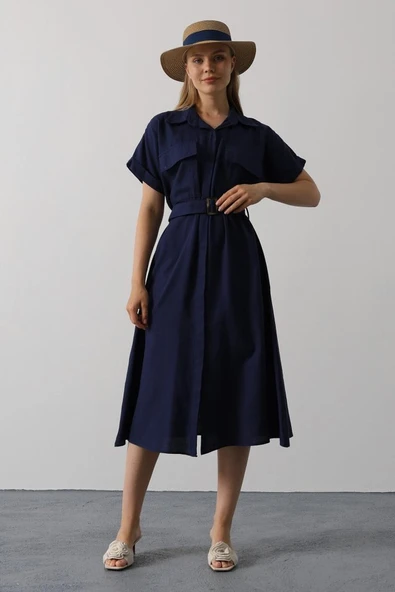 Kuşaklı Cep Detaylı Yarım Kol Elbise - Lacivert - Resim 3