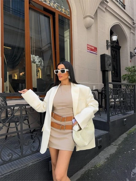 POLYVİSCON ÇİFT KEMER DETAYLI ELBİSE - Bej - Resim 3