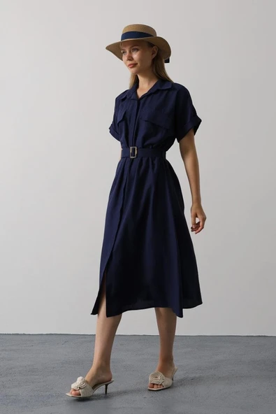Kuşaklı Cep Detaylı Yarım Kol Elbise - Lacivert - Resim 2