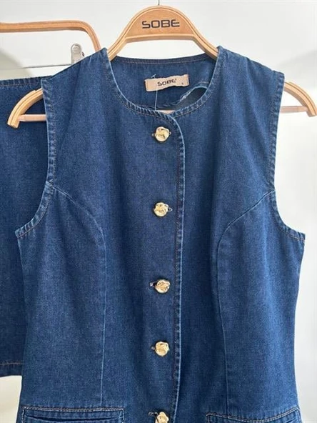 Kolsuz Yelekli Mini Etekli Denim Takım 10164 - Resim 12