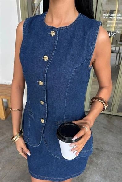Kolsuz Yelekli Mini Etekli Denim Takım 10164 - Resim 8