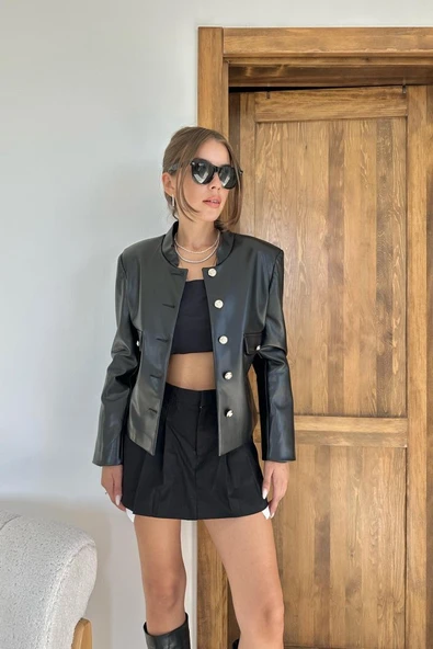 Siyah Önü Düğme Kapamalı Deri Ceket - 3