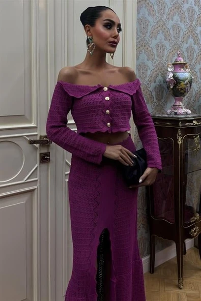 Madonna Yaka Derin Yırtmaç Etekli Şık Triko Takım 10099 - Resim 5