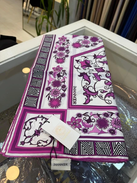 IMANNOOR çiçek desenli ekru fuşya eşarp 231 4016 - Resim 2