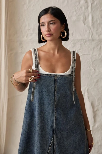 Mavi Askı Aparatlı Kot Elbise - Resim 3