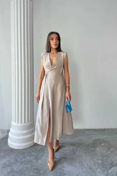 KRUVAZE VATKALI KOLSUZ ELBİSE MODAL KUMAŞ - Bej - Resim 2