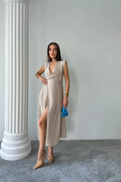 KRUVAZE VATKALI KOLSUZ ELBİSE MODAL KUMAŞ - Bej - Resim 4