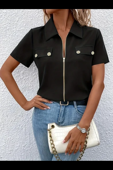 Kadın Kısa Kollu Ceket Yaka önü Fermuarlı Cep Detay Kısa Kol Ithal Krep Bluz - Resim 2