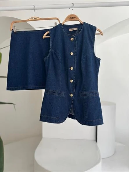 Kolsuz Yelekli Mini Etekli Denim Takım 10164 - Resim 11