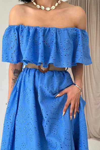 Bebe Mavi Omzu Lastikli Brode Elbise - Resim 3