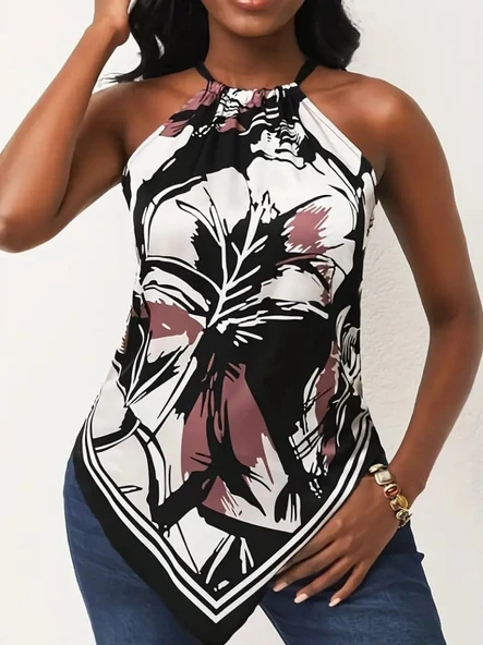 Kadın üçgen Kesim Boyundan Bağlamalı çiçek Desen Süprem Bluz ürün görseli 1