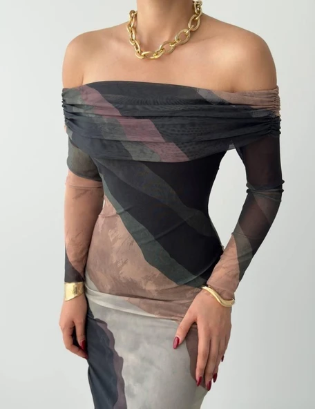 Sevilla Madonna Yaka Tül Elbise - Resim 4