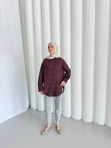 merwish Düğme Keten Gömlek-Bordo 1362 - Resim 4