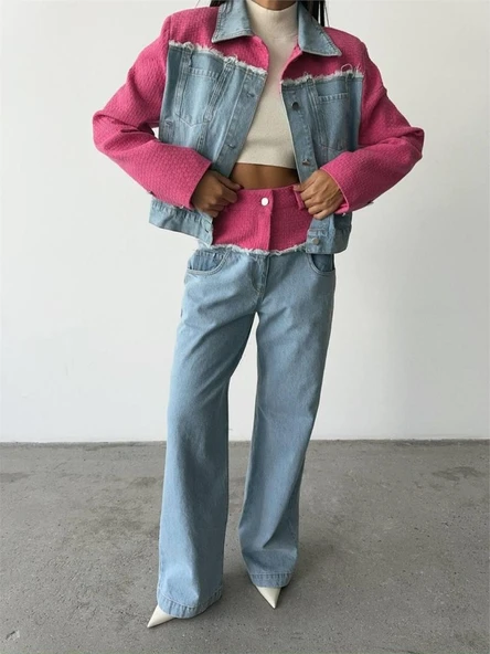 PARÇALI KOT CEKET - PANTOLON TAKIM - Fuşya - Resim 2