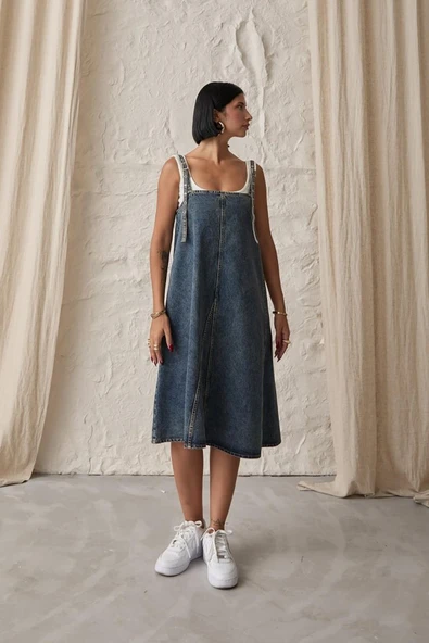 Mavi Askı Aparatlı Kot Elbise - Resim 2