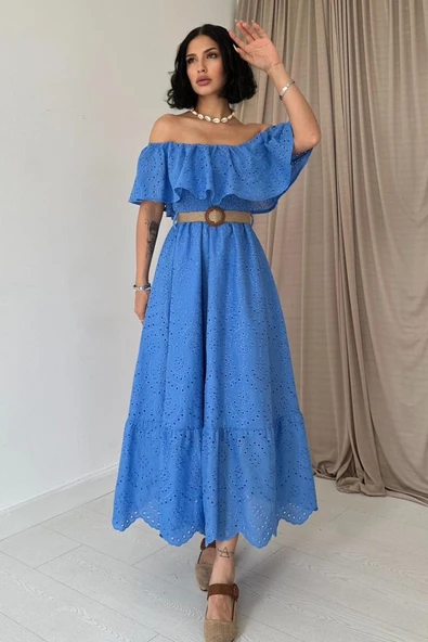 Bebe Mavi Omzu Lastikli Brode Elbise ürün görseli