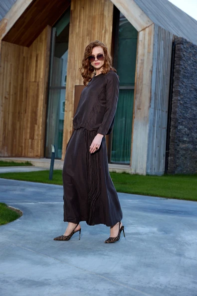 MİSSWHENCE Keten Etek Takım 37009 KAHVERENGİ - Resim 4