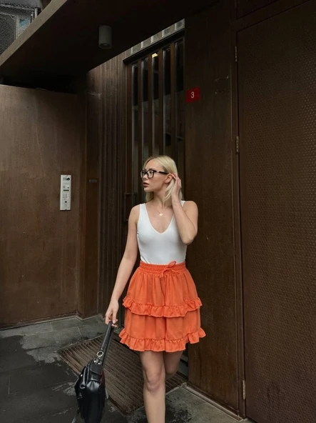 BEL LASTİKLİ KAT FIRFIR DETAYLI KISA ETEK - Turuncu - Resim 4