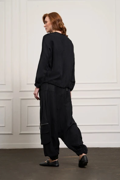 MİSSWHENCE Keten Şalvar Takım 37002 SİYAH - Resim 2