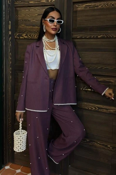 İnci Detaylı Ceket Pantolon Keten Takım 10124 - Resim 2