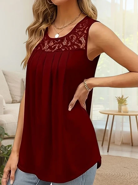 Kadın Askılı Yuvarlak Yaka Dantel Detaylı Viskon Bluz - Resim 3