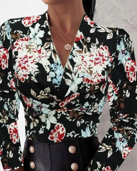 Kadın Uzun Kollu Kruvaze Yakalı Kelebek Desenli şardonlu Dalgıç Bluz - Resim 2