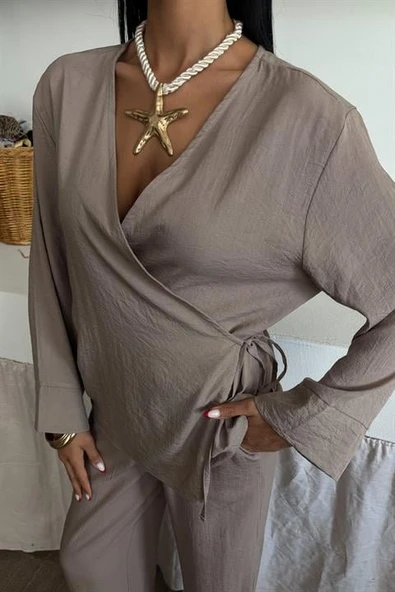 Kruvaze Model Klasik Pantolonlu Çupra Keten Takım 10191 - Resim 7