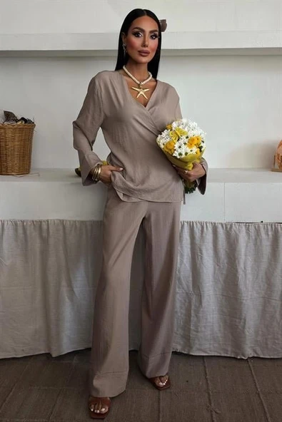 Kruvaze Model Klasik Pantolonlu Çupra Keten Takım 10191 ürün görseli