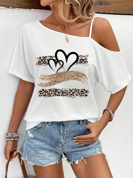 Kadın Tek Omuzu Açık Ip Askılı Baskılı Viskon Bluz - Resim 2