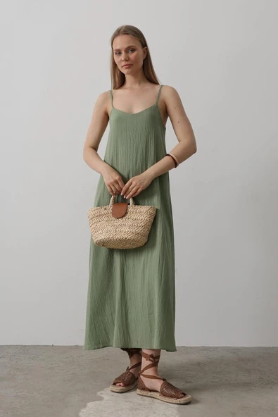 Askılı Uzun Çan Elbise - Haki - Resim 2