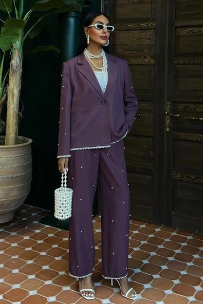 İnci Detaylı Ceket Pantolon Keten Takım 10124 - Resim 8